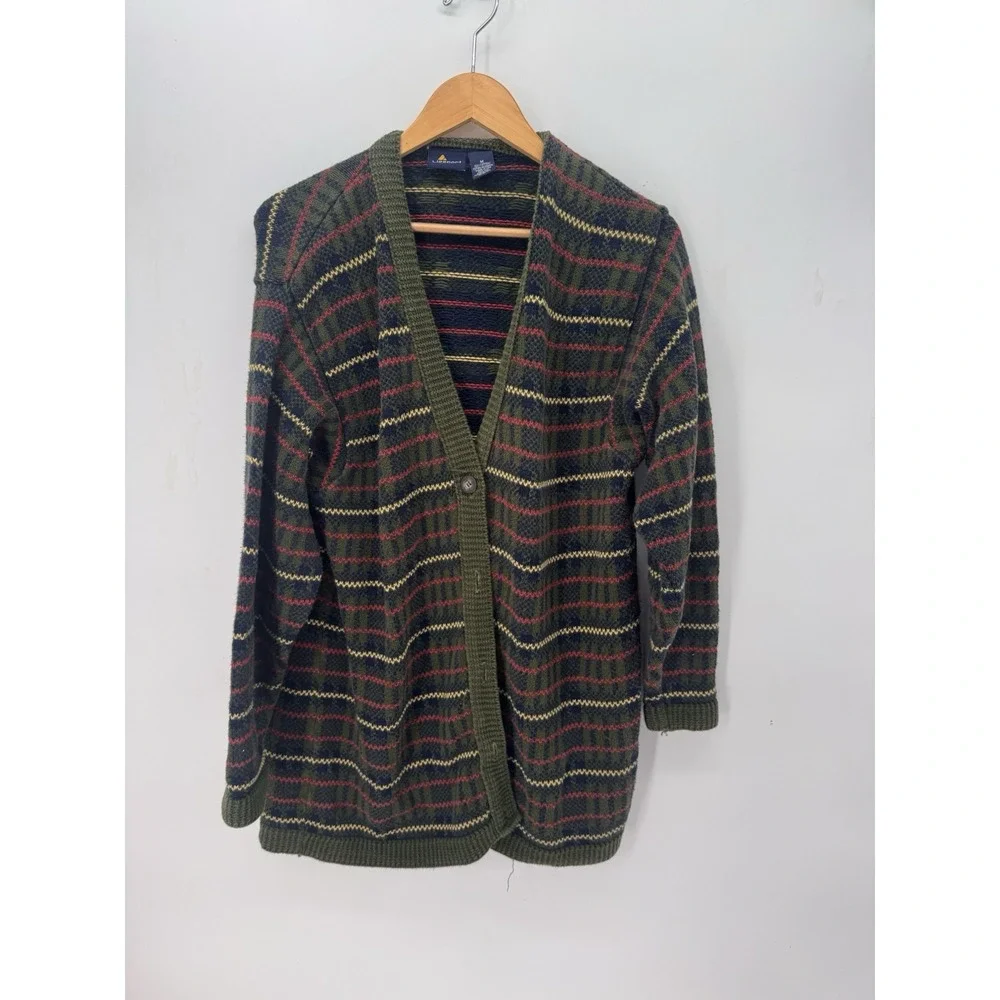 Lizsport Womens M Cardigan Sweater Green Plaid Striped Button Cottagecore Preppy